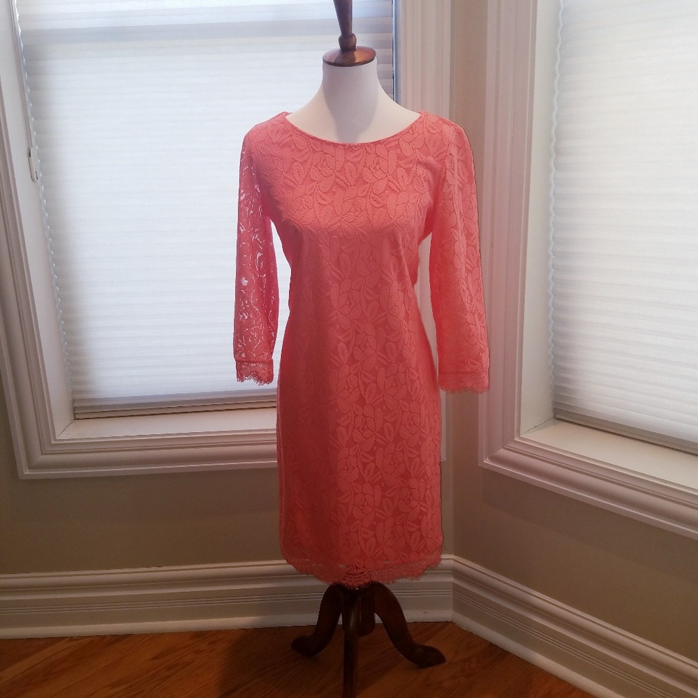 3/4 Sleeve Boatneck Coral Lace Dress
